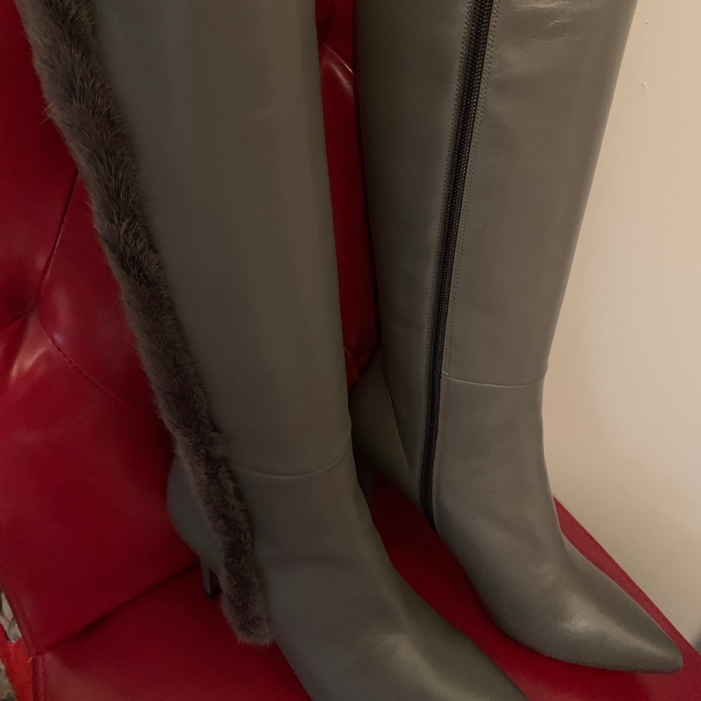 Grey leather boots w mink trim